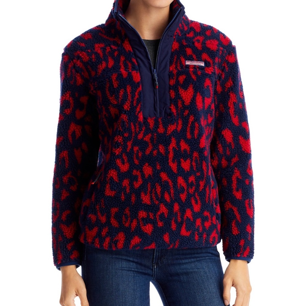 Vineyard Vines navy & red leopard fleece
